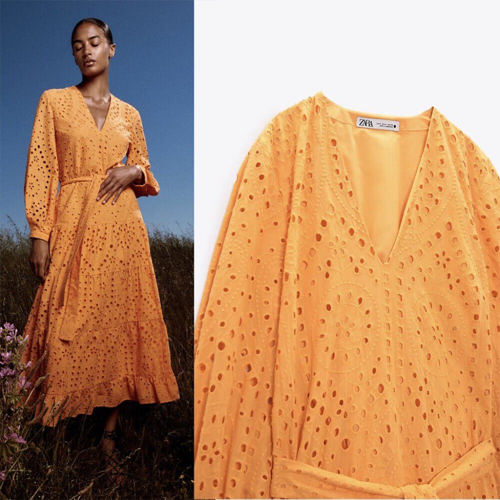 NEW zara belted embroidered eyelet orange 7788 dress size M